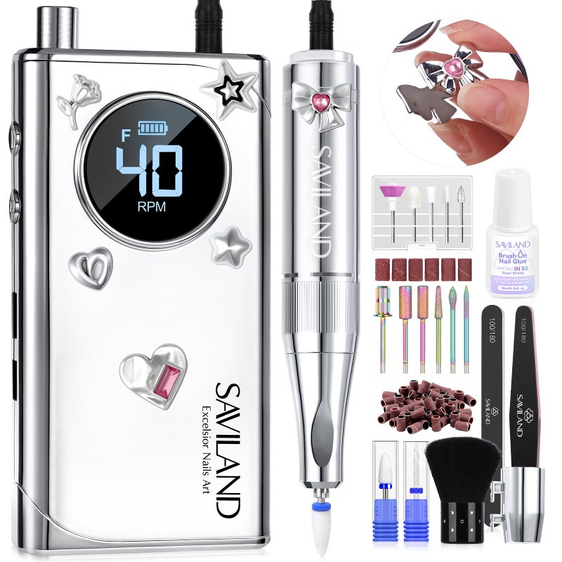SAVILAND Electric Nail Drill Professional 2024 Pro Future Tech 40000RPM Nail Drill Kit E File for Acrylic Nails Gel Polish Rechargeable 6000mAh Portable Nail Filer Drill Bits Salon